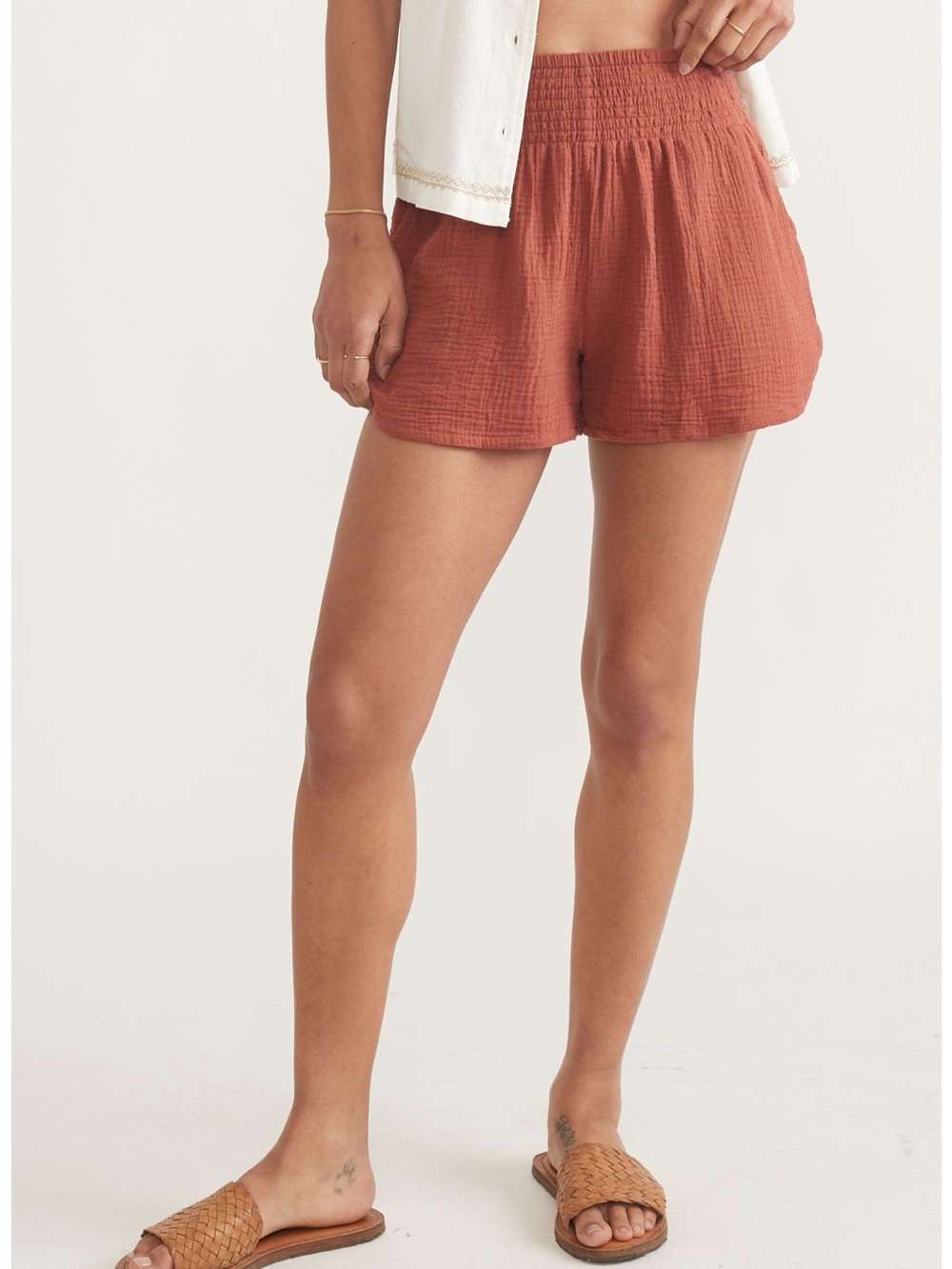 Marine Layer Corrine Rust Textured High-Waist Elastic Shorts